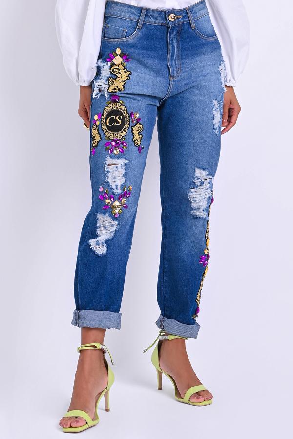 PANTALON CINTURA ALTA RECTA CON APLIQUES EN PERLAS