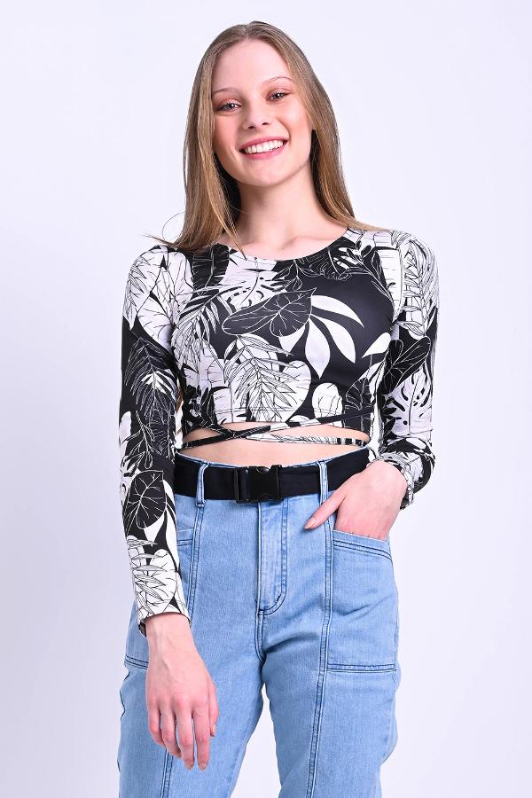 BLUSA CROPPED MANGA LARGA CON AMARRE