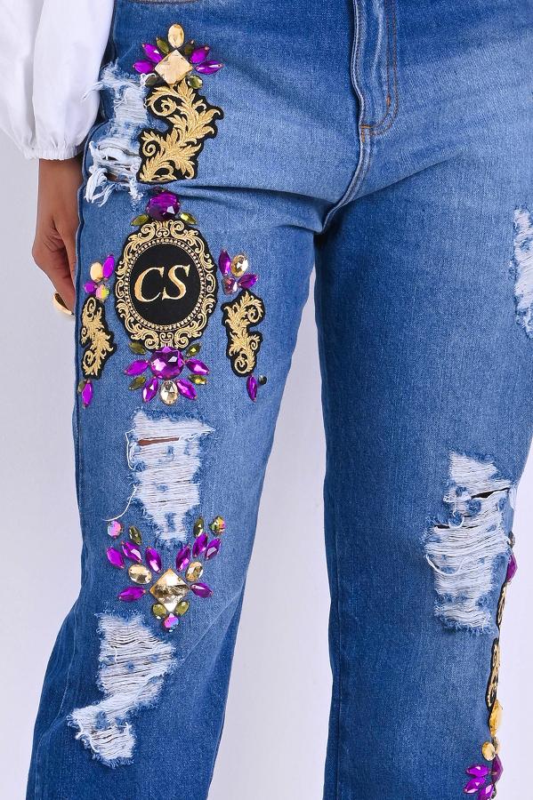 PANTALON CINTURA ALTA RECTA CON APLIQUES EN PERLAS